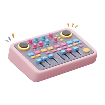 A colorful sound mixer with knobs and sliders is displayed in a bright setting, suitable for audio production or music creation visuals. png