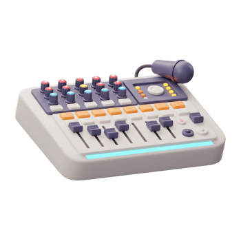 A white audio mixer board is accompanied by a purple microphone, featuring numerous knobs and sliders and is perfect for music production and audio editing. png