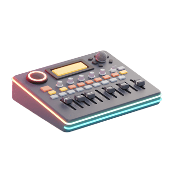 An audio mixer console features a microphone, multiple buttons, faders, and knobs for adjusting audio levels and effects, likely used in recording studios or live performances. png