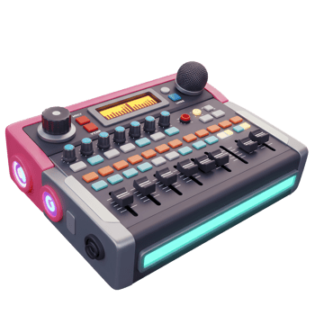 A colorful audio mixer with a microphone and various buttons is shown, which can be used for podcasting or music production. png