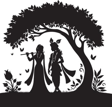 Radha and Krishna under a tree silhouette vector