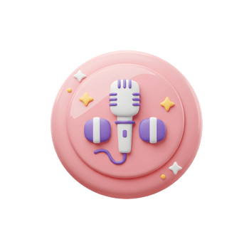 A 3D render of a microphone with earbuds sits on a pink circle with stars, often used for podcasting and sound recording. png