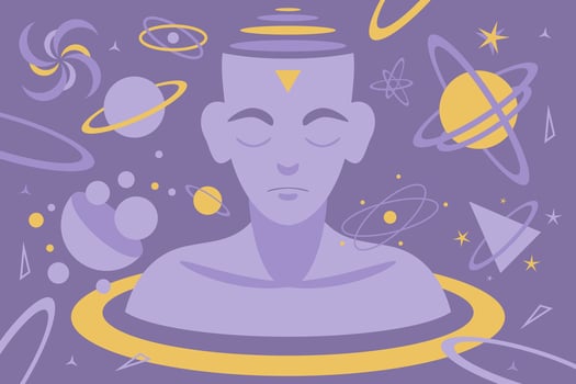 Person with closed eyes surrounded by space objects. Man dreams and thinks about the universe. vector