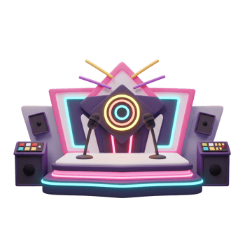 A colorful stage with microphones is set up for performances and speeches in a vibrant and engaging setting. png