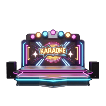 A modern karaoke stage featuring bright neon accents and speakers, perfect for parties and entertainment events. png