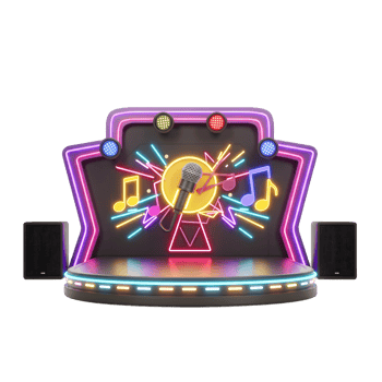 An illustration of a stage with a microphone and neon lights is a decorative element that can be used in design. png