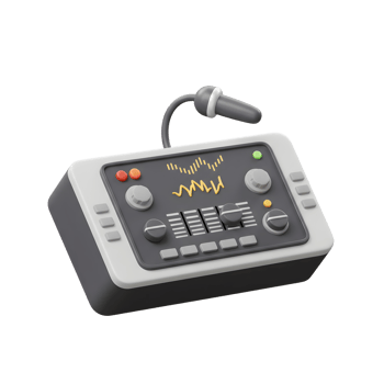 Grey and white audio sound mixer features buttons, knobs, sliders, and a microphone for controlling and adjusting audio levels during recording or live broadcasting. png