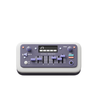 A sound equalizer machine with volume controls, pitch adjustment knobs, and sound level meters is depicted for professional or amateur music production. png
