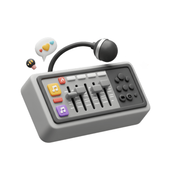 A cartoon-style sound mixer with a microphone and social media icons is displayed, showcasing digital audio control and online interaction. png