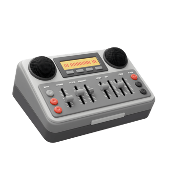 A grey audio mixer with sliders, buttons, display and speakers provides audio adjustments for recording and broadcast. png