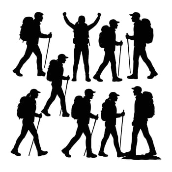Hiking Silhouette Set of People with Backpacks and Trekking Poles vector