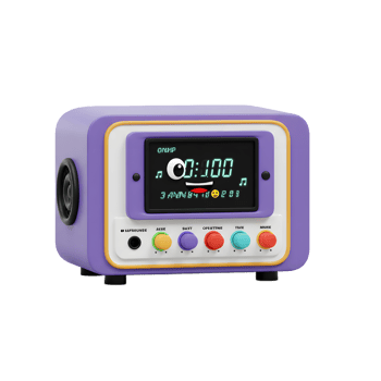 Retro purple alarm clock with digital display and googly eye is shown on a white background, perfect for waking up and staying on time. png