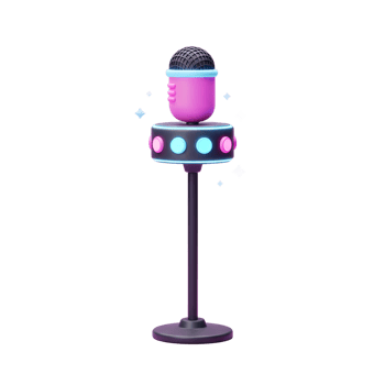 A pink cartoon microphone sits atop a black stand adorned with blue and pink lights, adding a fun and playful touch to any performance or recording setup. png