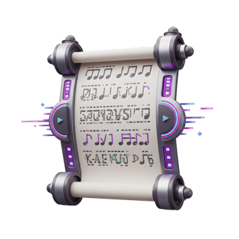 A stylized scroll displays musical notes and text, accented by a play button and neon lights, suggesting a futuristic interface for music playback. png