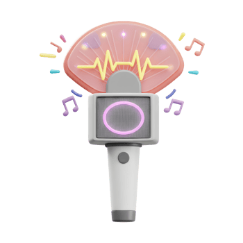 The light stick features an illuminated fan design, digital display with an glowing outline, and musical notes surrounding it, likely used at concerts. png