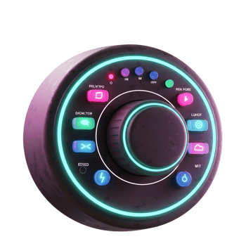 A futuristic control panel features a central knob, illuminated buttons, and neon lighting, suggesting usage for advanced settings or preferences. png