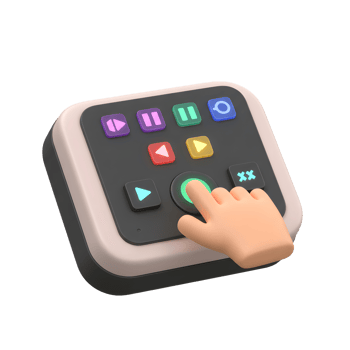 A cartoon hand presses the glowing green button on a media pad, which has buttons for play, pause, rewind, settings, and other controls for media use. png