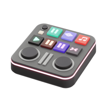 A grey DJ deck with various square buttons and two round knobs, providing an interface for controlling music or audio playback and manipulation. png