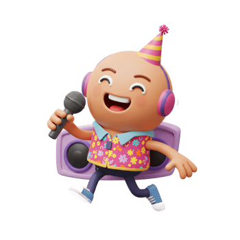 Cheerful cartoon character wearing headphones and a party hat sings into a microphone while running, representing lighthearted fun and musical entertainment. png