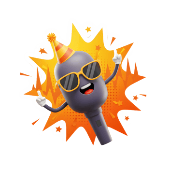 Cartoon microphone is wearing sunglasses and party hat, looking cheerful in front of a burst of orange color, great for entertainment design. png