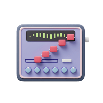 A sound mixer displays slider controls and knobs, providing visual feedback through a screen displaying green bars, indicating adjustable settings for controlling audio levels. png