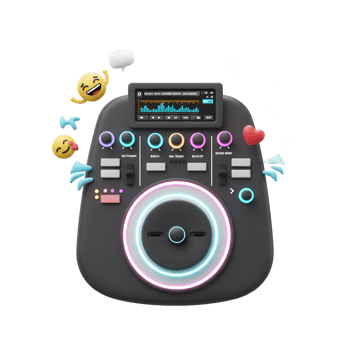 A black DJ controller with emoji floating around it creates a fun and vibrant atmosphere for music creation. png