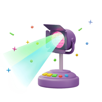A spotlight illuminates the scene, surrounded by colorful confetti against a white background, creating a vibrant and festive atmosphere, making it suitable for parties or celebrations. png