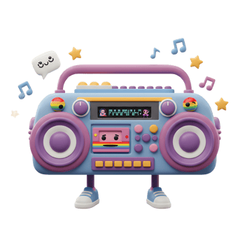Cartoon boombox with legs is surrounded by stars and music notes, suggesting happy and whimsical design for children's content. png