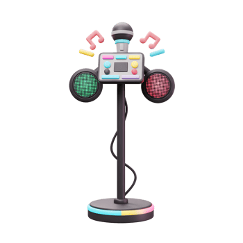 A toy microphone on a stand with colorful lights and music notes creates a fun and engaging play experience for children. png