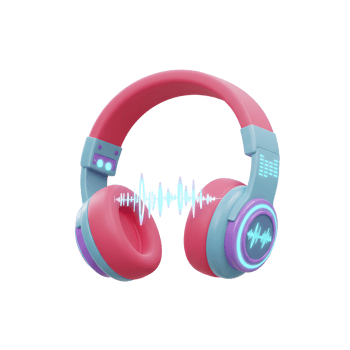 Pink and blue headphones display a sound wave between the earcups, ideal for listening to music or audio content. png