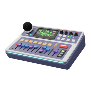 A sound mixer with a microphone sits on top, displaying audio levels on a screen, used for music production and sound recording. png