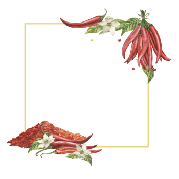 A square frame with red chili pepper pods, a mound of ground spices, green leaves, and flowers. The illustration is done in watercolor by hand. For culinary designs, packaging png