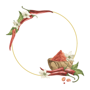 A round frame with red chili pepper pods, a wooden plate filled with spice powder, green leaves, flowers, pepper slices and seeds. The watercolor illustration is hand-drawn in watercolor. For culinary png