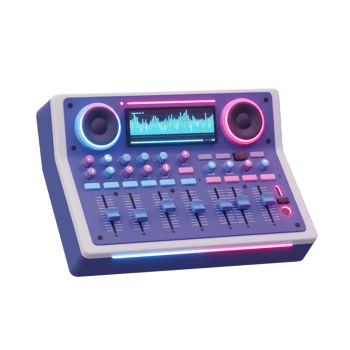 Purple and pink DJ audio mixer featuring an equalizer graphic on a display is shown for music production. png