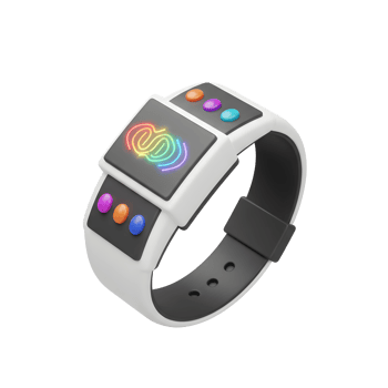 A smartwatch with a rainbow logo on the screen and colorful buttons is isolated on a white background for a futuristic or technological display. png