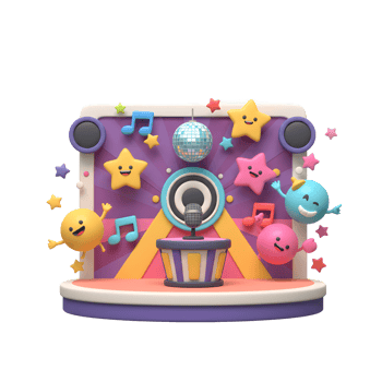 This vibrant cartoon scene features a stage with a microphone, stars, musical notes, and a disco ball, perfect for illustrations related to children's entertainment and musical performances. png