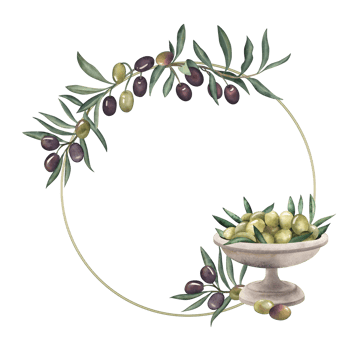 A round frame with olive branches, green and purple olives, and a metal vase filled with olives. The watercolor illustration is hand-drawn in a botanical style. For cards, invitations, and packaging png