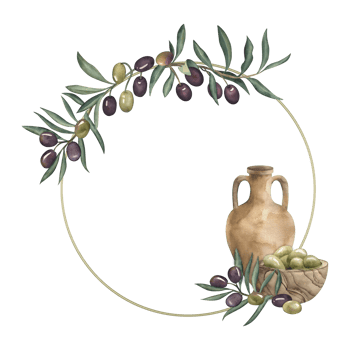 A round frame with olive branches, with a Greek clay oil amphora, a wooden bowl filled with green, purple olives. The watercolor illustration is hand-drawn in watercolor in a botanical style png