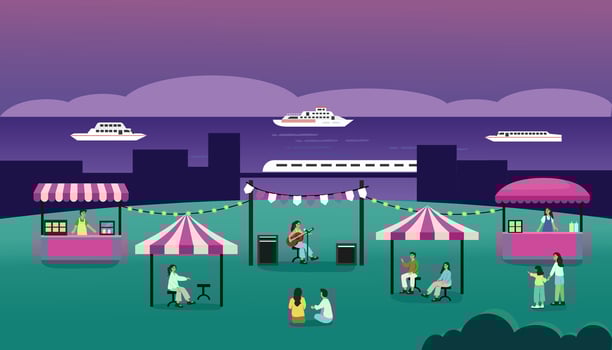 Night festival. Night concert. Seaside concert. Beach party. Beach concert. Singer performance. Playing guitar. Concert audience. Food festive. Summer event. vector