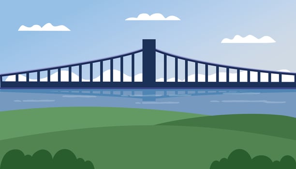 Bridge and hill illustration. River scenery. Sunny day. Park scenery. Golden bridge. vector