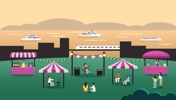 Concert event. People watch music concert. Food festive. Concert audience. Holiday music festive. Summer event. Family recreation. Beach recreation. vector