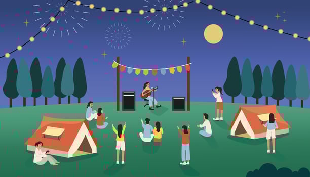 Night camp performance. Camping on the hill. People camping holiday. Prom night stage. Concert audience. Camp festive. New year party. Summer time holiday. vector