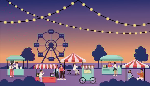 Night market illustration. Food stall. Ferris wheel in the amusement park. Family festival. Food street festival. Night event. New year event. vector