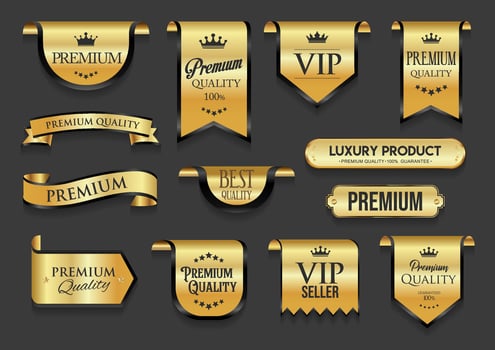 black and gold luxury labels and badges gold premium quality certificate ribbons illustration vector
