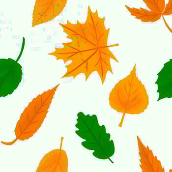 Seamless pattern with bright autumn leaves. Oak, maple, birch leaf green, orange and yellow colors vector