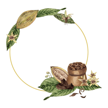 Circular border adorned with cocoa flowers, beans, leaves, and a sack filled with cacao seeds. Hand-drawn watercolor illustration in botanical style, perfect for packaging, cards, textile, printing png