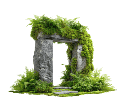 Moss-covered stone archway with ferns for garden design inspiration png