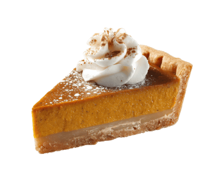 Delicious pumpkin pie slice with whipped cream topping for desserts png