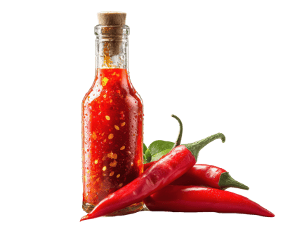 Spicy chili sauce in glass bottle with fresh red chilies beside png