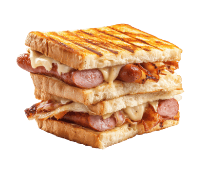 Delicious grilled sandwich with sausage and melted cheese layers png